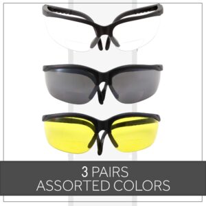 grinderPUNCH 3 Pairs Combo Bifocal Safety Reading Glasses - Assorted Colors Clear Black Yellow Lens - With Side Cover (Diopter +2.50)