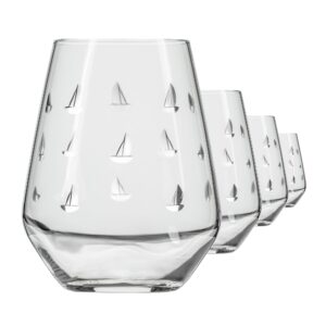 rolf glass sailing stemless wine tumbler 18 ounce | stemless wine glasses set of 4 | lead-free crystal glass | etched tumbler glasses | proudly made in the usa