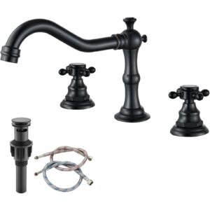 gotonovo 3-hole widespread bathroom faucet double cross handle mixer tap for bathroom sink deck mount hot cold water matching pop up drain with overflow oil rubbed bronze victorian spout