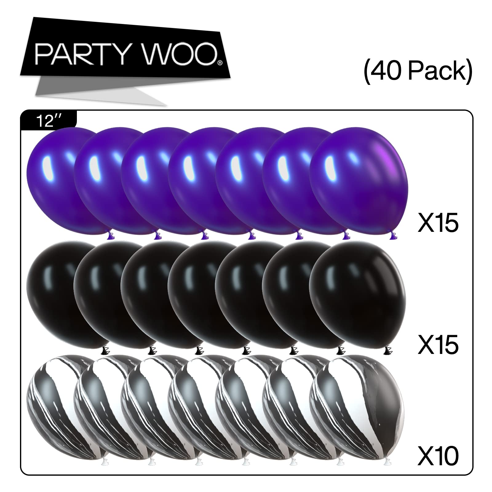 PartyWoo Black and Purple Balloons, 40 pcs 12 Inch Pearl Purple Balloons, Marble Balloons, Purple and Black Balloons, Royal Purple Balloons for Purple Party Decorations, Vampire Party, Vampirina Party