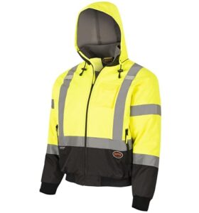 pioneer high vis safety bomber jacket for men – waterproof reflective rain gear – class 3 – detachable hood – yellow/black