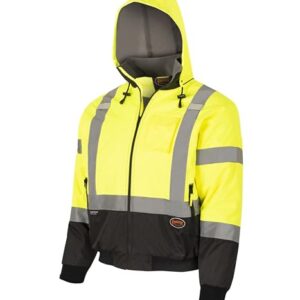 Pioneer High Vis Safety Bomber Jacket For Men – Waterproof Reflective Rain Gear – Class 3 – Detachable Hood – Yellow/Black