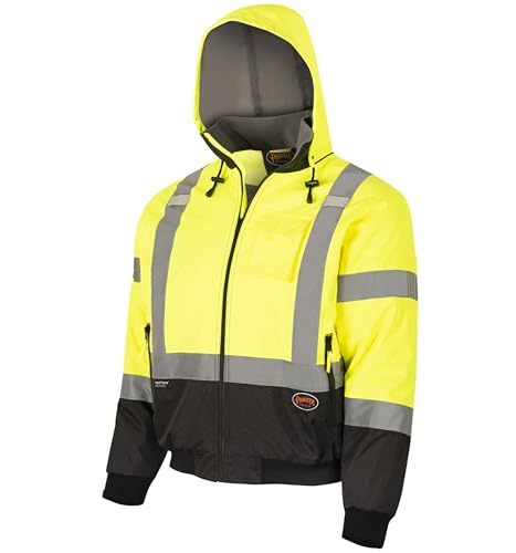 Pioneer High Vis Safety Bomber Jacket For Men – Waterproof Reflective Rain Gear – Class 3 – Detachable Hood – Yellow/Black