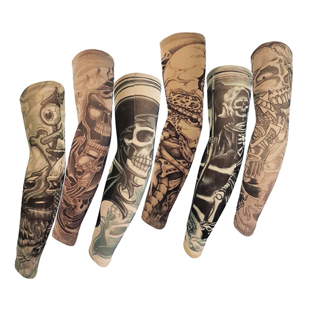 Juland 6 Pcs Temporary Tattoo Sleeves Fake Slip On Tattoo Arm Sleeves Kit Arm Sunscreen Stockings Accessories for Unisex Party Cool Men Women