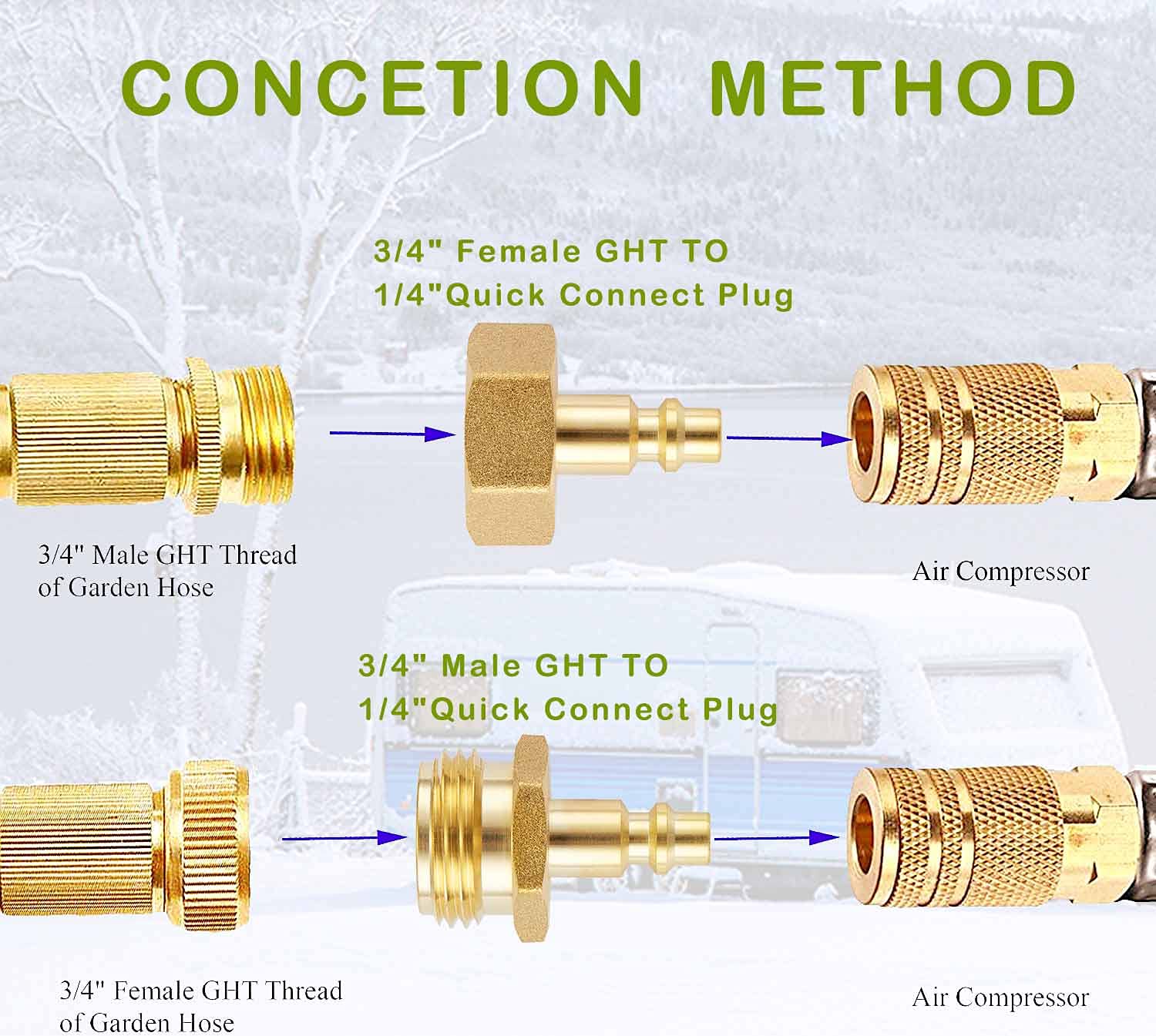 Litorange Lead-Free Brass Winterize Sprinkler Systems: Air Compressor Hose Water Faucet Blow Out Adapter Fitting For RV, Travel Trailer, Boat & Camper（a couple）