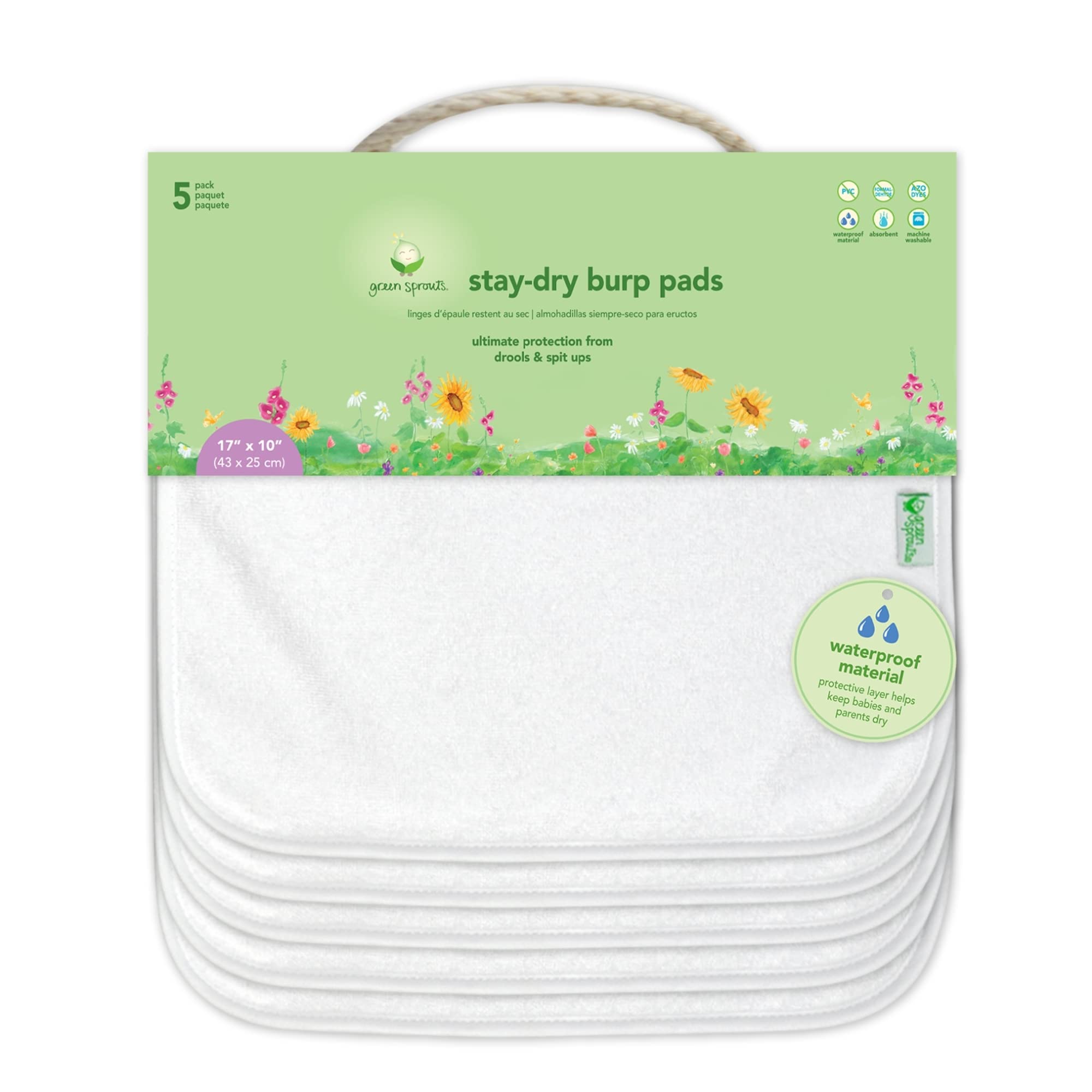 green sprouts Stay-Dry Burp Pads (5 Count) | Ultimate protection from drools & spit ups | Waterproof protection, Soft & absorbent terry, Machine washable , White 17"x10"(Pack of 1)
