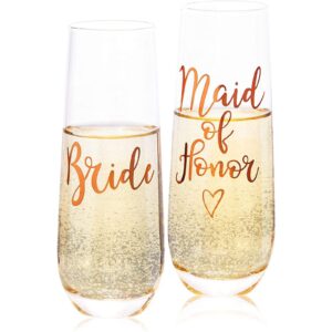 juvale rose gold stemless champagne glasses for bride and maid of honor, 9.8 oz wedding flutes gift set (2 pieces)