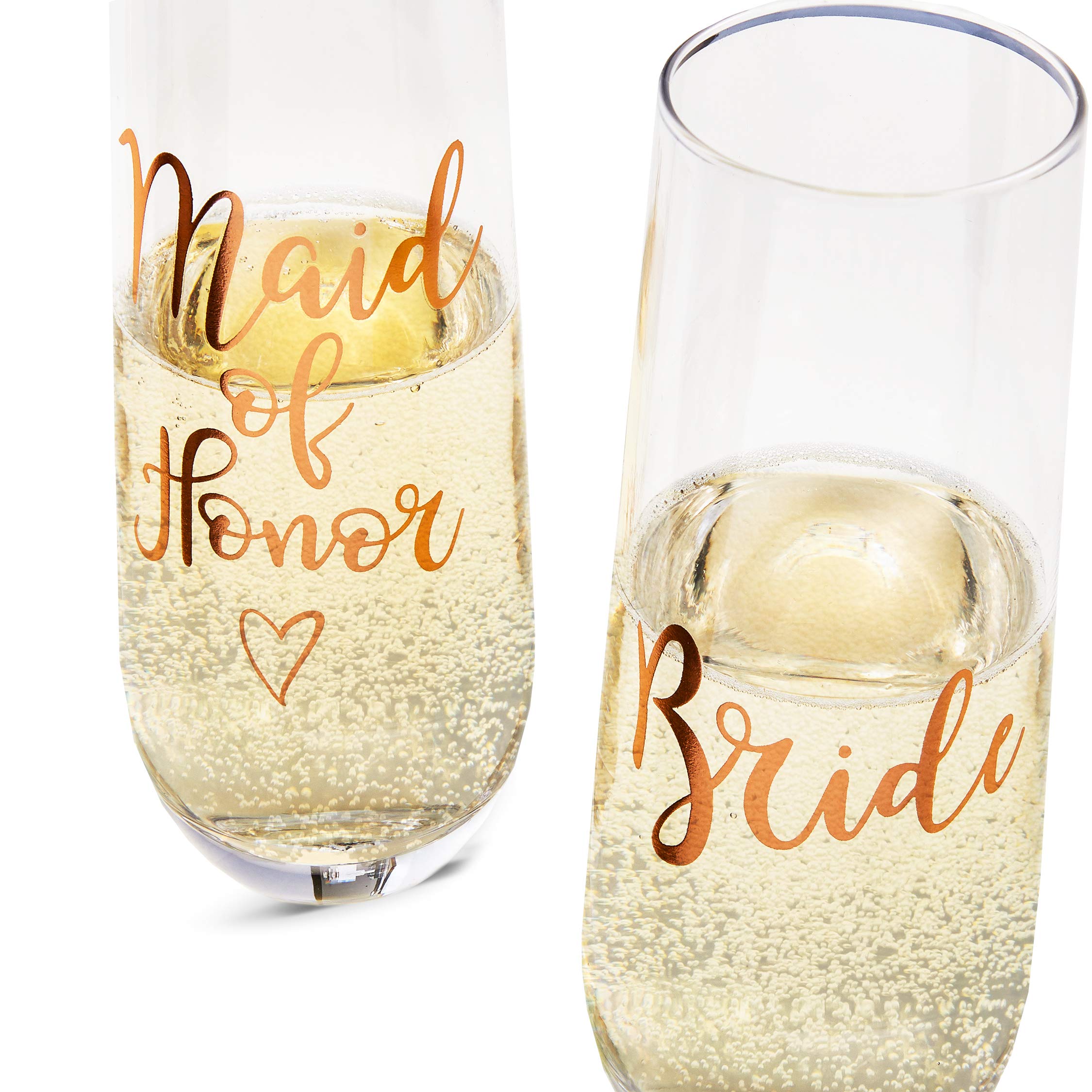 Juvale Rose Gold Stemless Champagne Glasses for Bride and Maid of Honor, 9.8 oz Wedding Flutes Gift Set (2 Pieces)