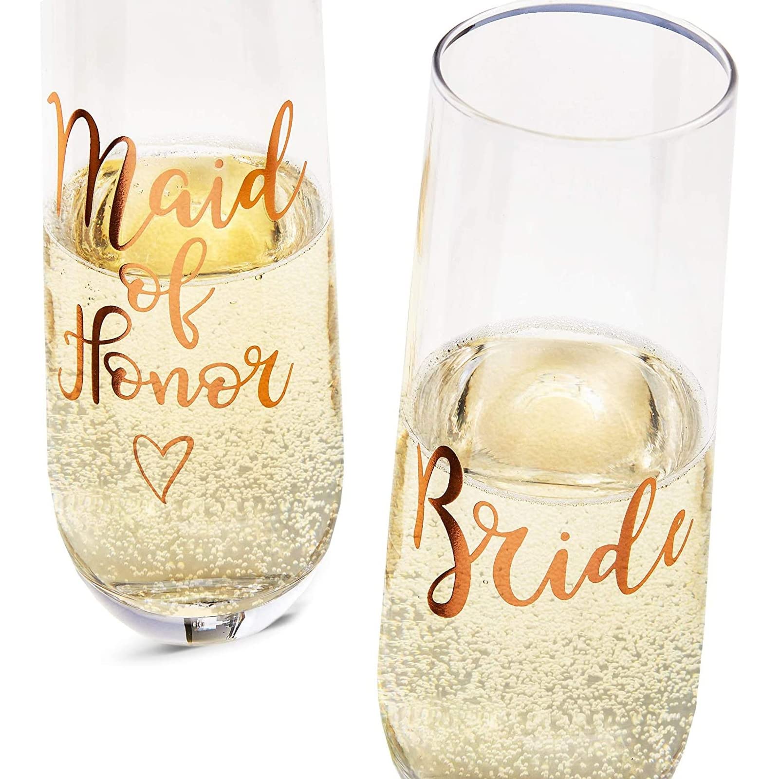 Juvale Rose Gold Stemless Champagne Glasses for Bride and Maid of Honor, 9.8 oz Wedding Flutes Gift Set (2 Pieces)