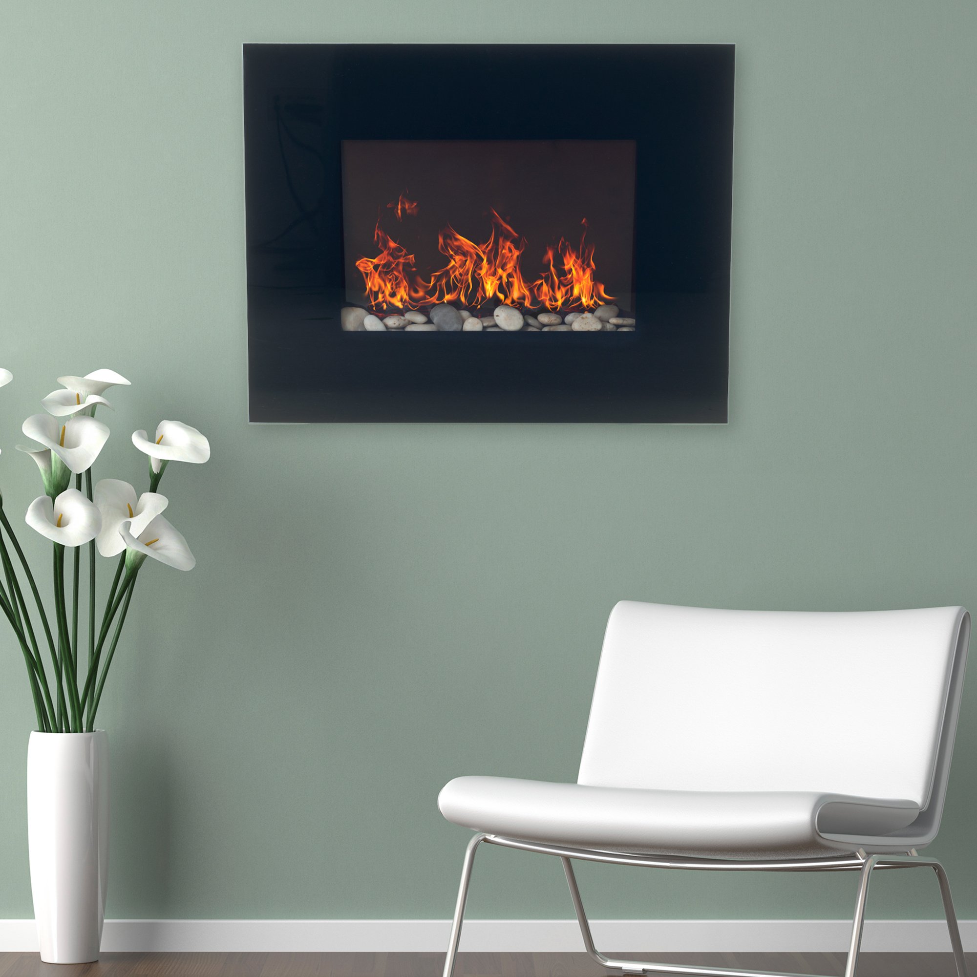 Northwest Black Glass Panel Electric Fireplace Wall Mount & Remote, 32", Midnight