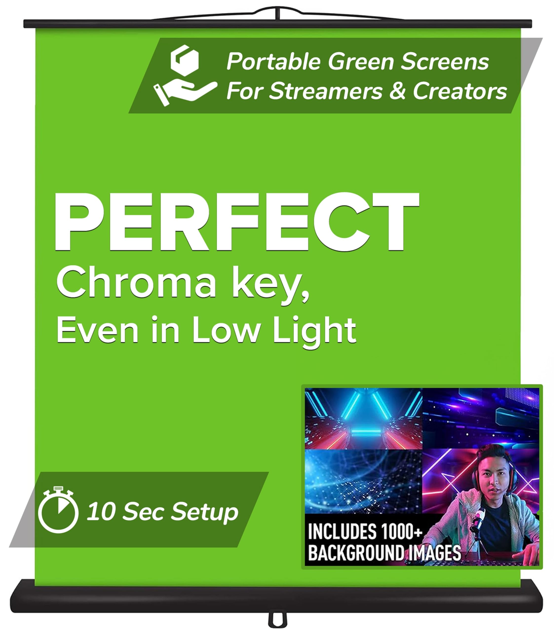 Valera Creator Green Screen – Collapsible Chroma Key Panel,+1000 Free Backgrounds Included, Portable Retractable Wrinkle Resistant Fabric Backdrop, Adjustable Height, 10 Second Setup