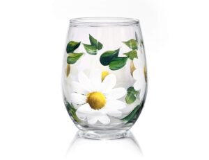 hand painted white daisy flower stemless wine glass, gift for her, daisy flower wine glass 15 oz