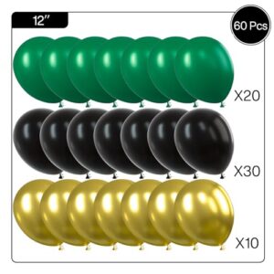 PartyWoo Black Gold and Green Balloons, 60 Pcs 12 Inch Green Balloons, Black Balloons and Gold Balloons, Green Gold Black Balloons for Black Party Decorations, Green Birthday Decorations