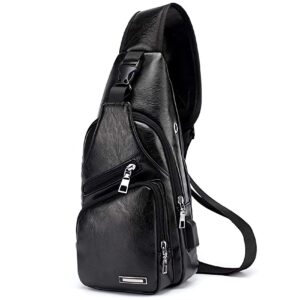 seoky rop men's leather sling bag chest crossbody shoulder bag with usb charging port black