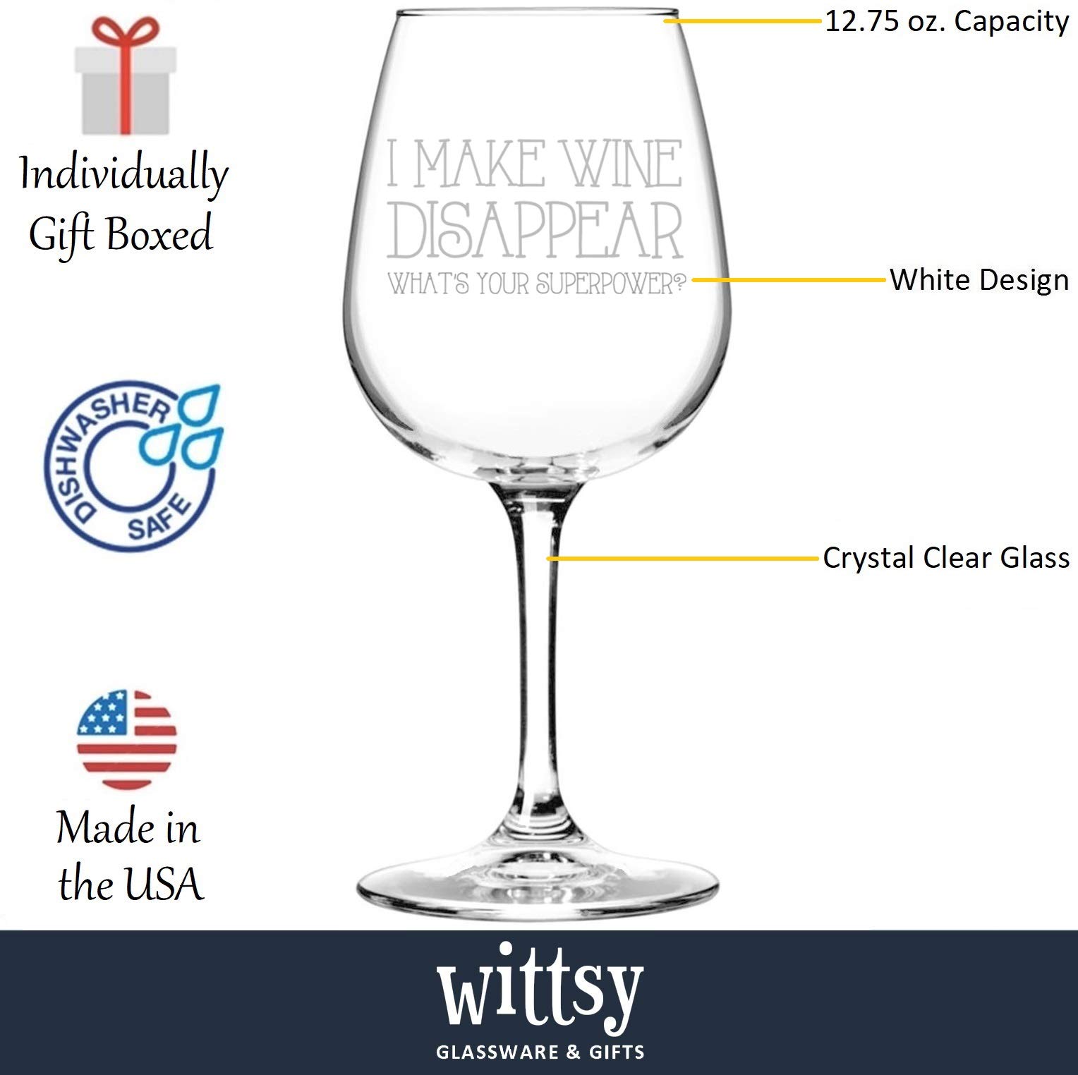 I Make Wine Disappear Funny Wine Glass - Best Wine Gifts for Wine Lovers, Women, Mom, Wife - Unique Gag Mom Gifts from Daughter, Son - Birthday Present Ideas for Her - Fun Novelty Gift