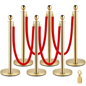 velvet ropes and posts 6 pcs, 5 ft red velvet rope, stanchion post with ball top, crowd control barriers gold stanchions, red carpet poles, crowd control ropes and poles for party museums