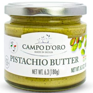 pistachio nut butter, 6.35 oz (180g), sweet sicilian pistachio cream spread, spreadable, pistachios from sicily, italy, no palm oil, campo d'oro
