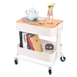 2-tier metal utility rolling cart storage side end table with cover board for office home kitchen organization, cream white