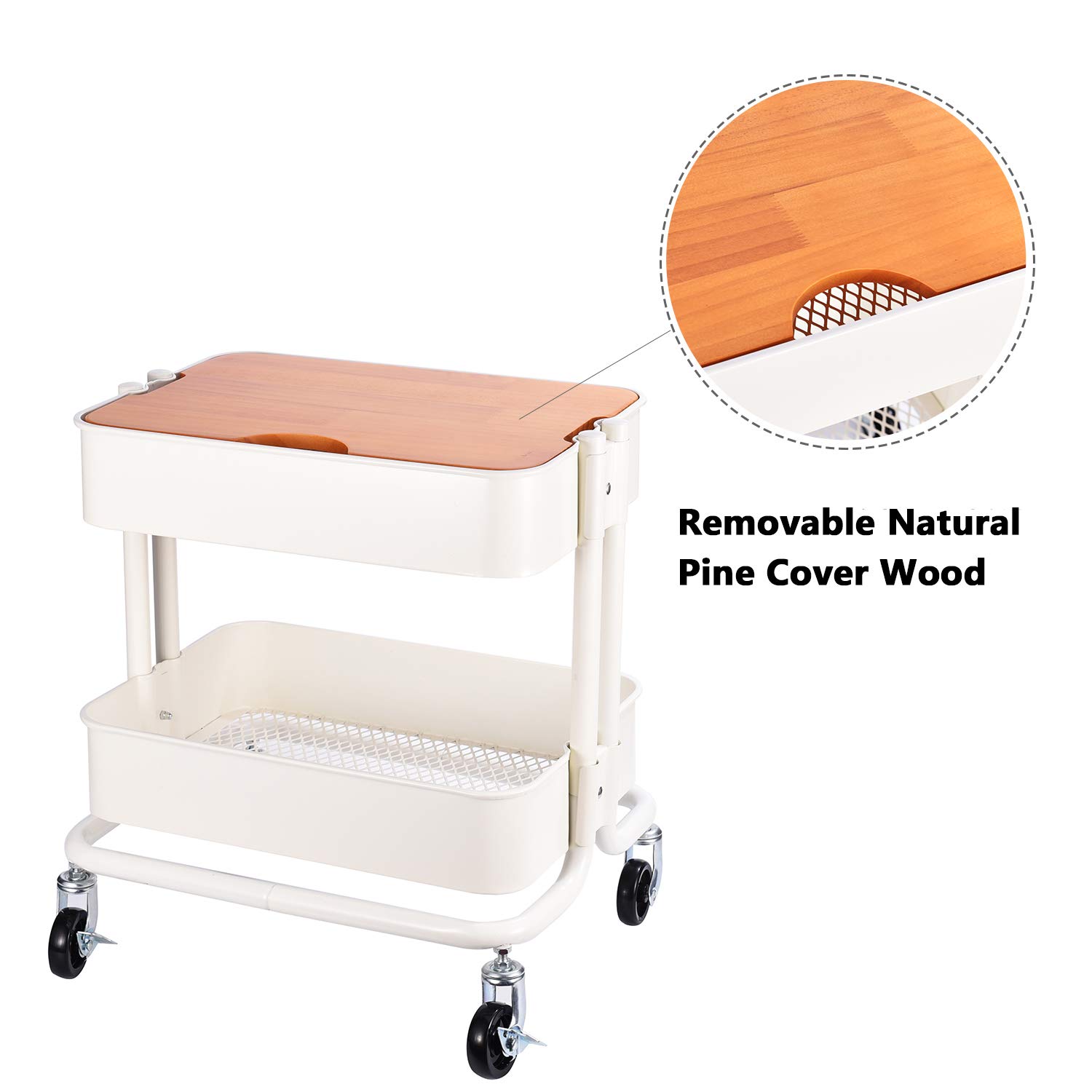 2-Tier Metal Utility Rolling Cart Storage Side End Table with Cover Board for Office Home Kitchen Organization, Cream White