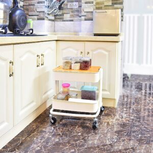 2-Tier Metal Utility Rolling Cart Storage Side End Table with Cover Board for Office Home Kitchen Organization, Cream White