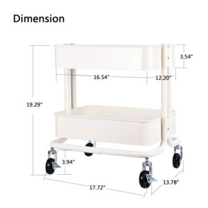 2-Tier Metal Utility Rolling Cart Storage Side End Table with Cover Board for Office Home Kitchen Organization, Cream White