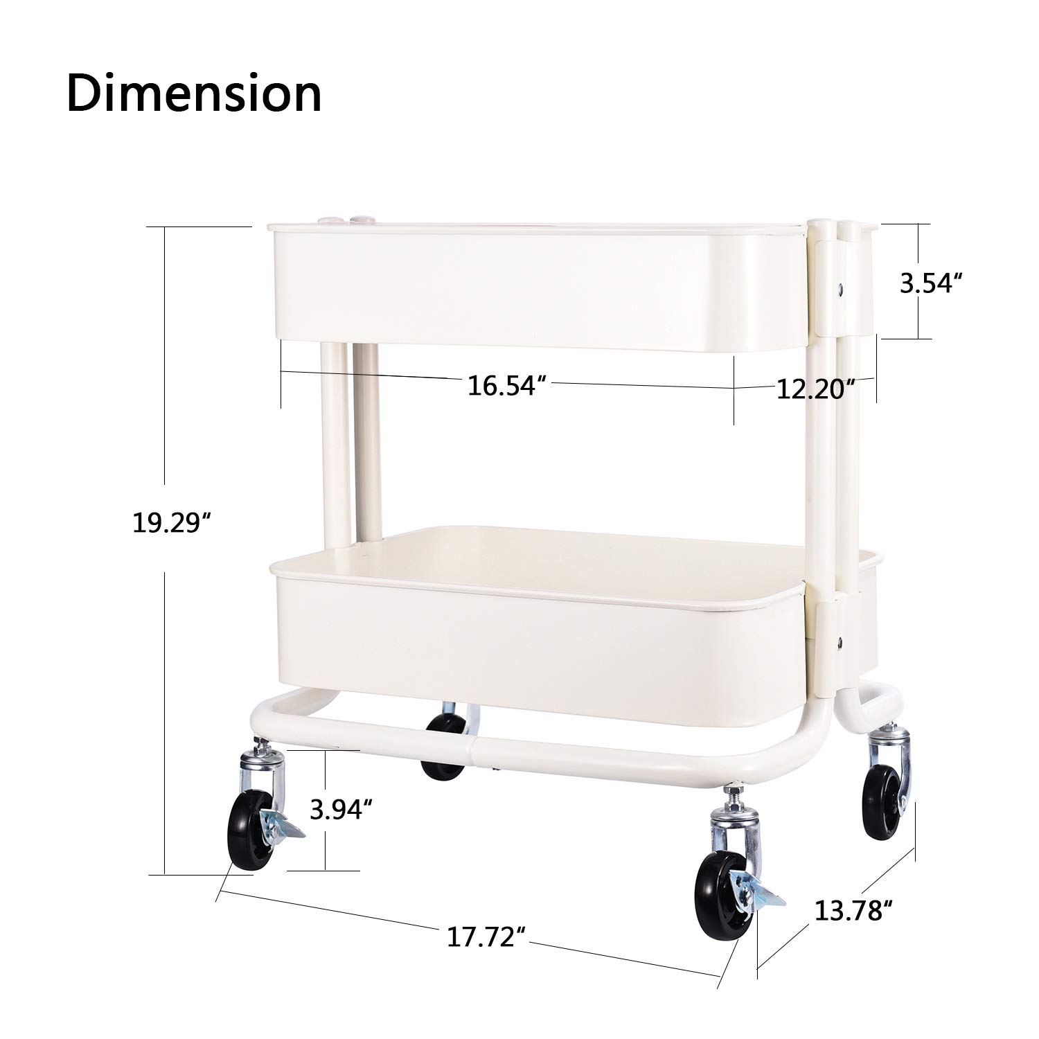 2-Tier Metal Utility Rolling Cart Storage Side End Table with Cover Board for Office Home Kitchen Organization, Cream White