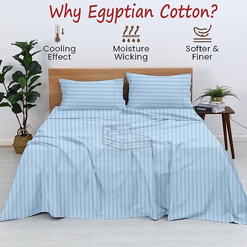 Olympic Queen Cotton Bed Sheets Set-400 Thread Count Cotton Sheets-4 Piece Sheet Set Fits Mattress Upto 12 Inch Deep Pocket Fitted Sheet-66 x 80 Size Sheets-Light Blue Stripe Olympic Queen Size Sheets