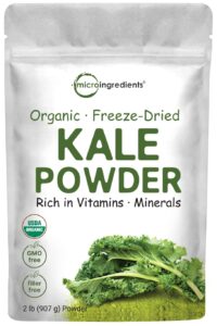 sustainably us grown, organic kale powder, 2 pounds | fresh freeze dried source | nutrient-dense greens superfood | kale tea and green drink mix | 907 servings, no gmos, vegan friendly