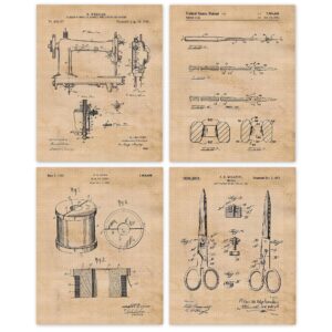 Vintage Sewing Machine Patent Prints, 4 (8x10) Unframed Photos, Wall Art Decor Gifts Under 20 for Home Craftsman Office Salon College Student Teacher School Fashion Design Hobby Craft Dress Tailor Fan