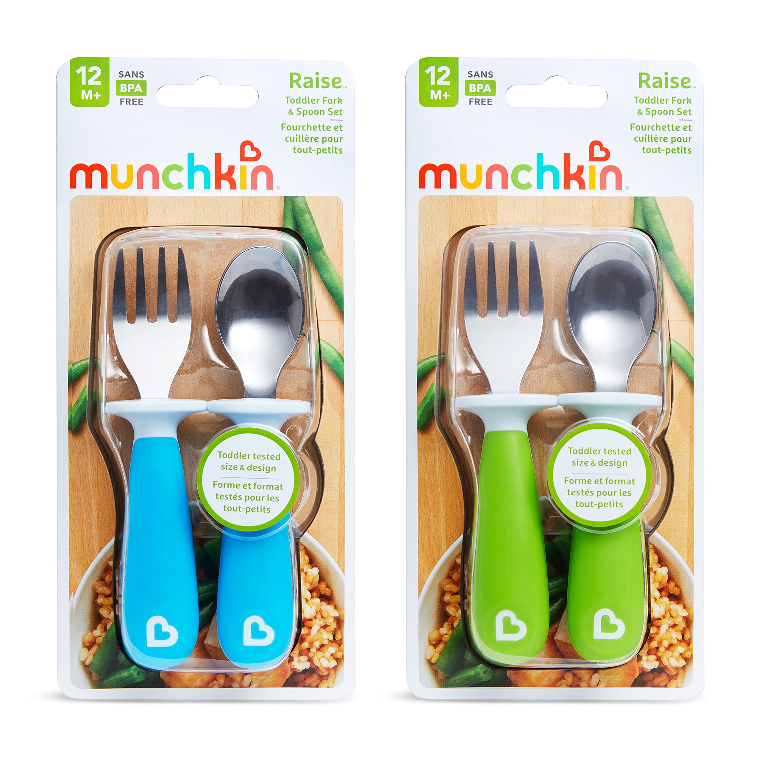 Munchkin® Raise™ Toddler Plastic Fork and Spoon Utensil Set, 4 Pack, Blue/Green