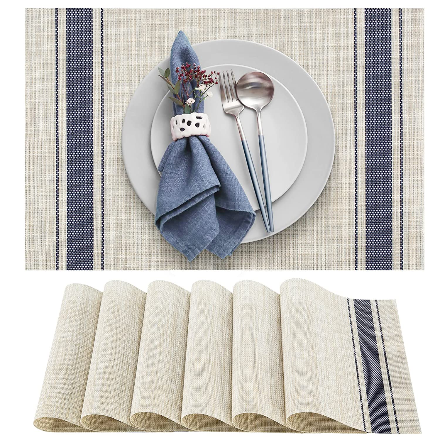 DACHUI Placemats Set of 6, Soft & Elegant Woven Vinyl Place Mats, Water Resistant, Heat Resistant, Washable, Durable Table Mats (Blue Stripes)
