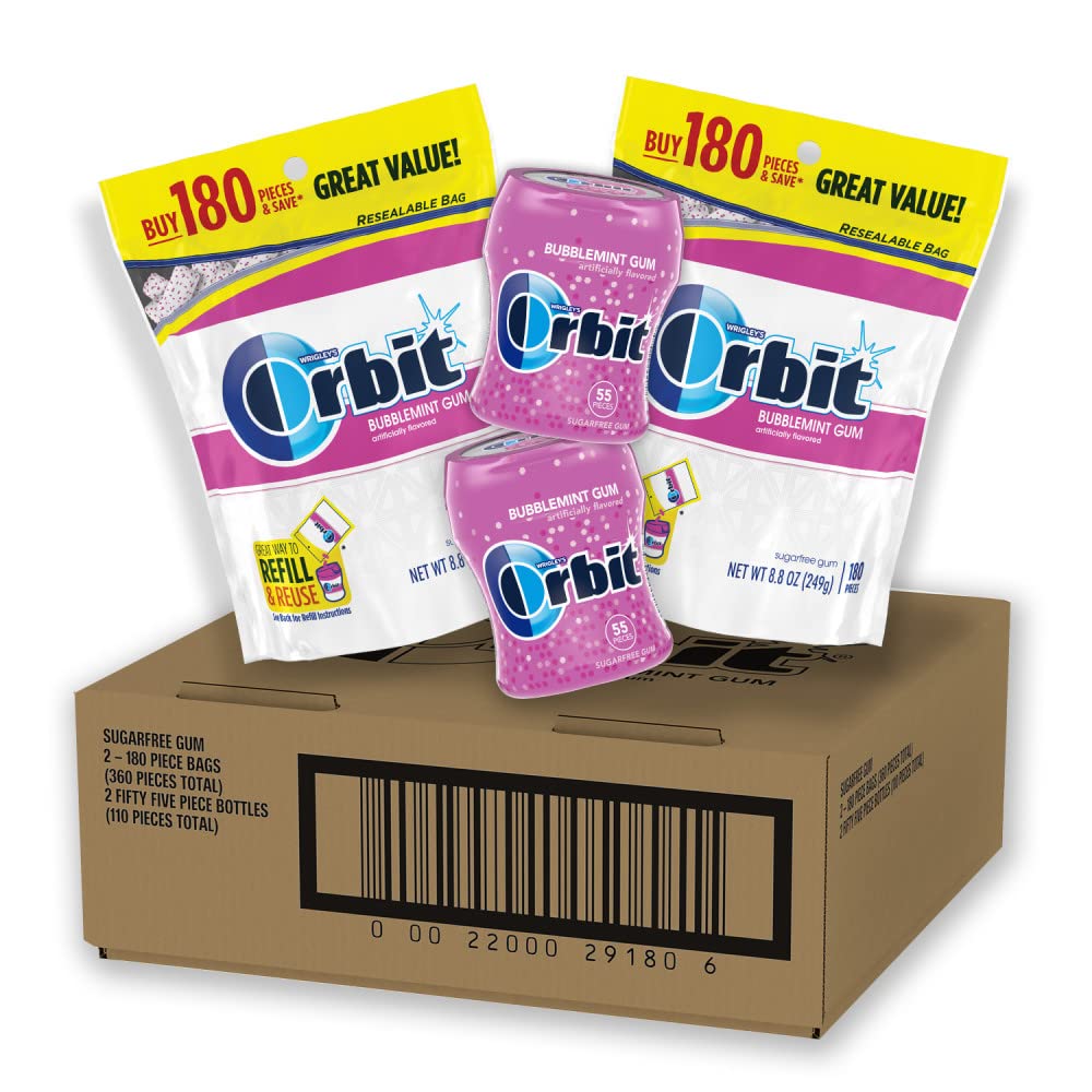 ORBIT Bubblemint Sugar Free Chewing Gum Bulk Pack, 2 Pack - 180 Piece Bag & 2 Pack - 55 Piece Bottle