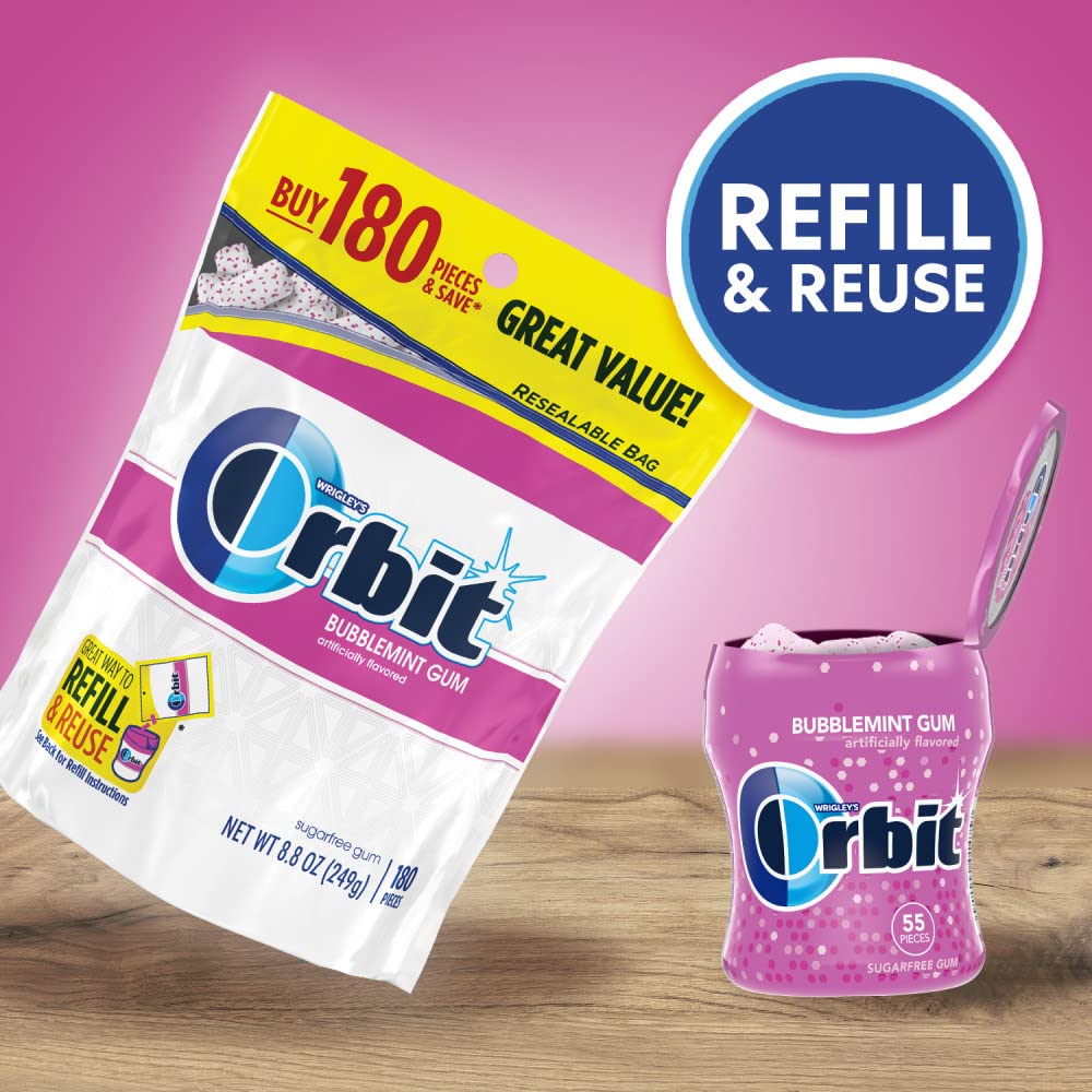 ORBIT Bubblemint Sugar Free Chewing Gum Bulk Pack, 2 Pack - 180 Piece Bag & 2 Pack - 55 Piece Bottle