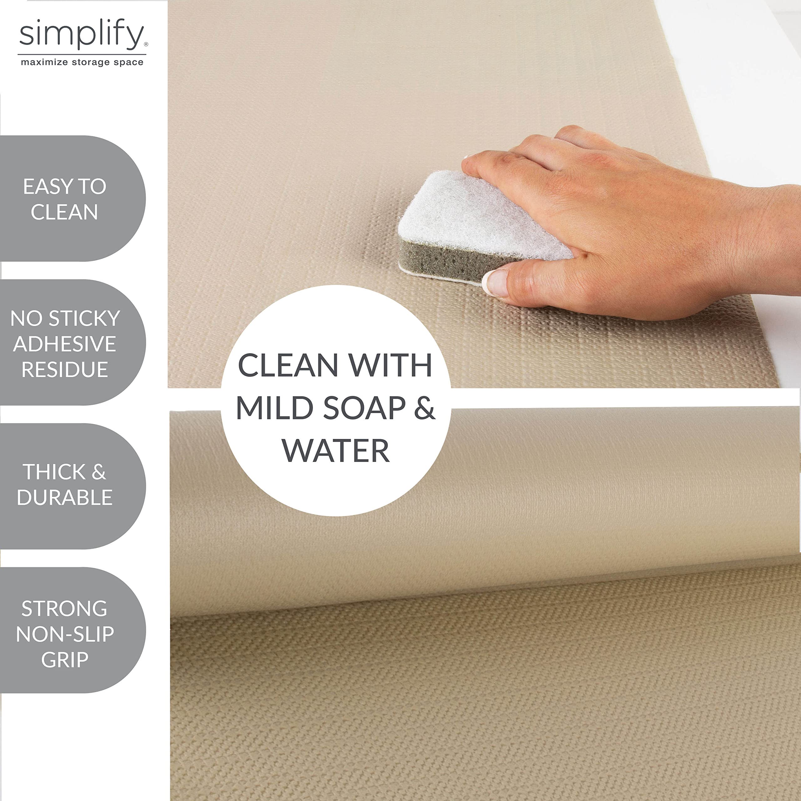 Simplify Adhesive Smooth Top Grip Liner | Shelf | Countertops | Drawers | Cabinets | Cut to Fit | Non-Slip 10 Sq Ft | Taupe | Organization