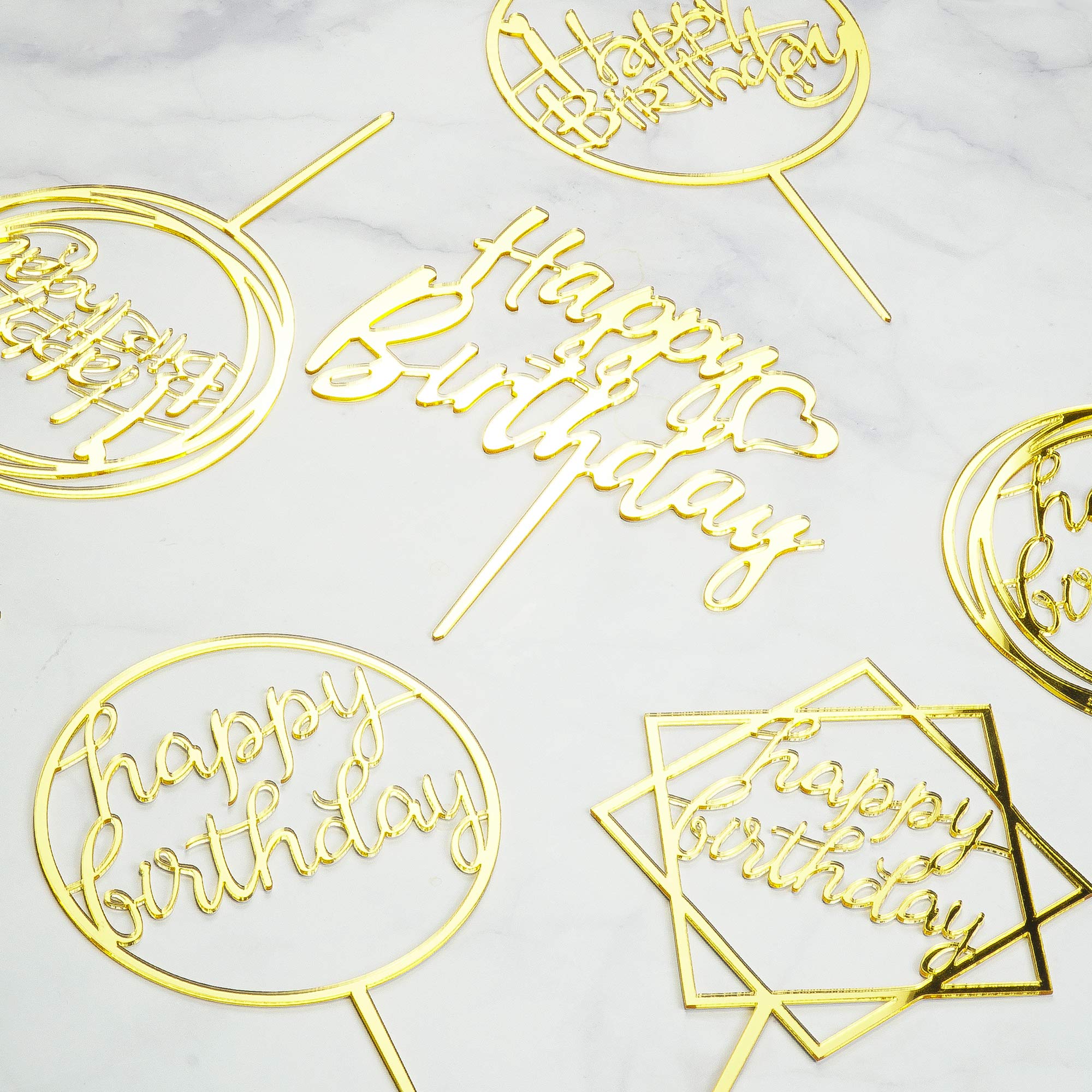 6-Pack Gold Birthday Cake Topper Set, Double-Sided Glitter, Acrylic Happy Birthday Cake Toppers/Cupcake Toppers, Birthday Decorations for Children or Adults.