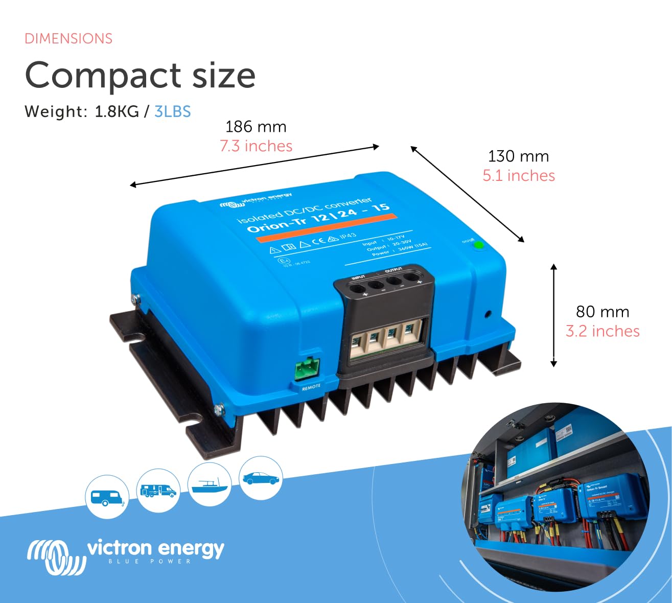 Victron Energy Orion-Tr IP43 12/24-Volt 15 amp 360-Watt Isolated DC-DC Converter