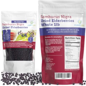 Dried Elderberries - 1lb Bulk - Hand-Sorted, Wildcrafted, Natural, Non-GMO, Whole European Immune System Support For Black Elderberry Syrup, Gummies, Jelly, Tea, Wine, Raw Sambucus, One Pound