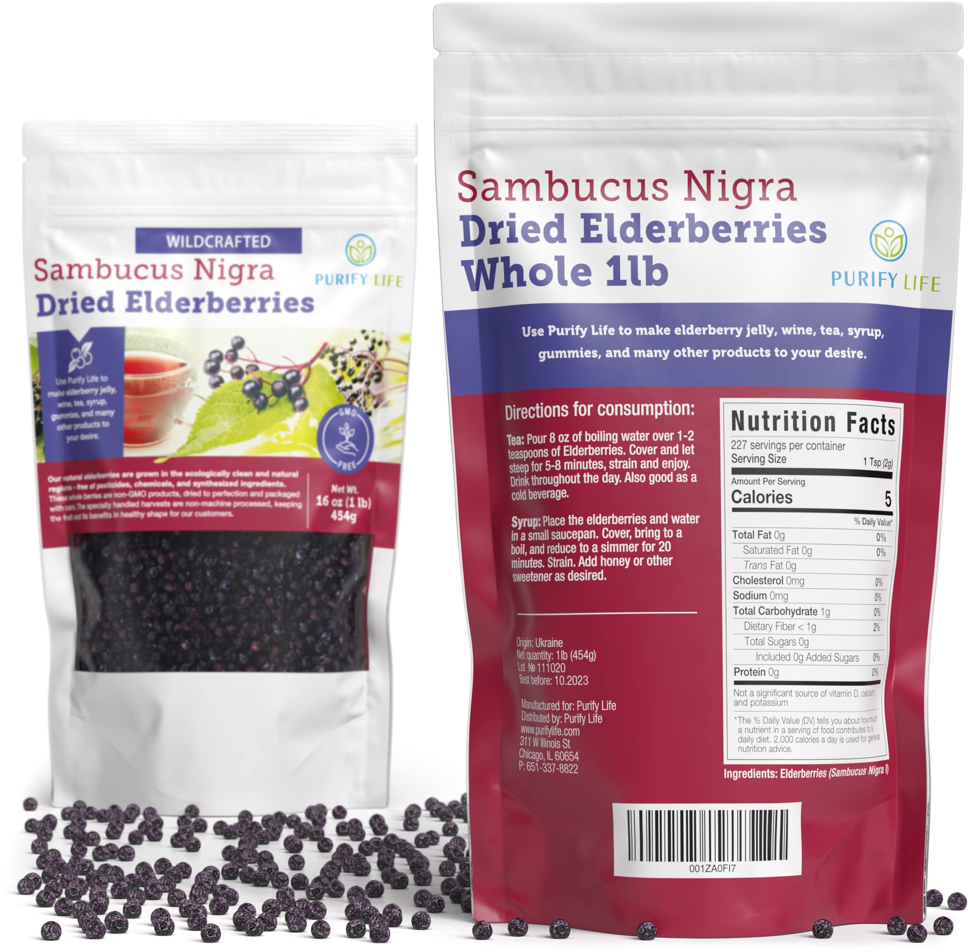 Dried Elderberries - 1lb Bulk - Hand-Sorted, Wildcrafted, Natural, Non-GMO, Whole European Immune System Support For Black Elderberry Syrup, Gummies, Jelly, Tea, Wine, Raw Sambucus, One Pound