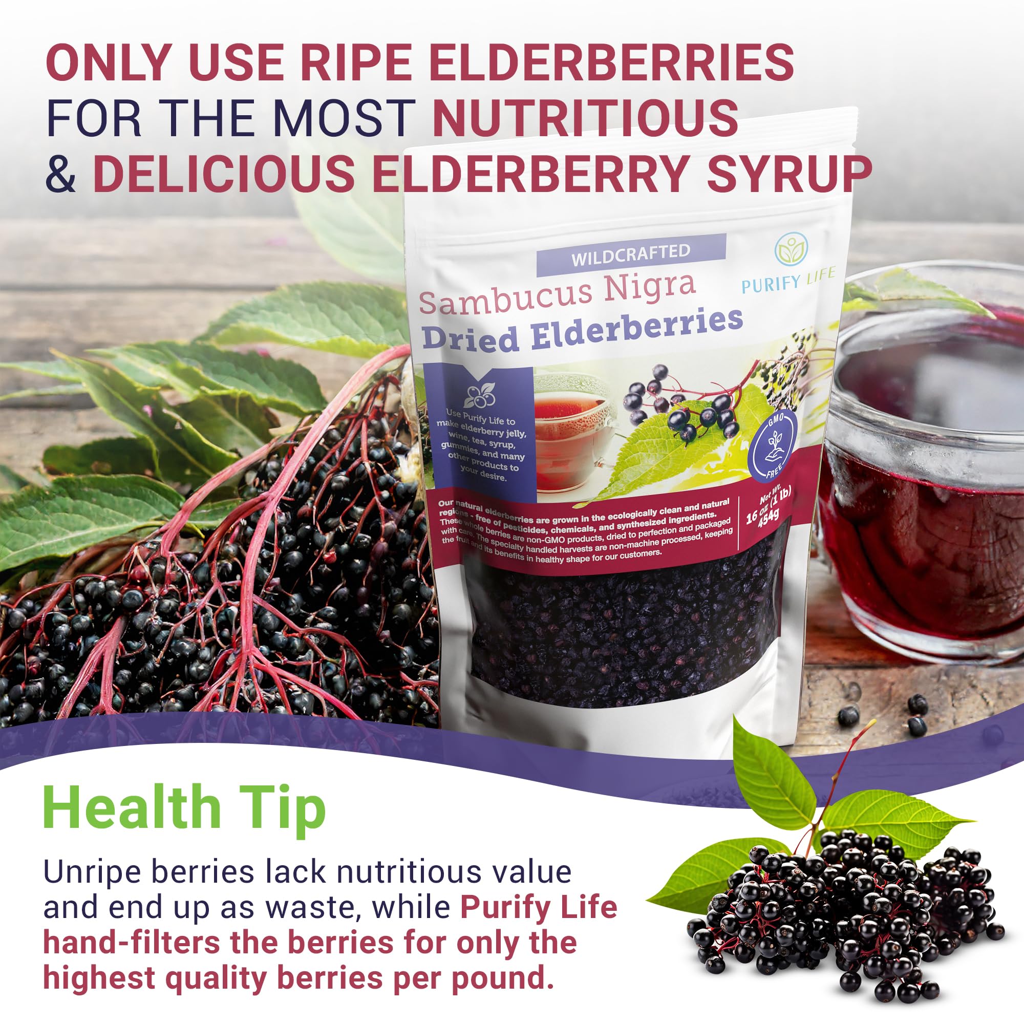 Dried Elderberries - 1lb Bulk - Hand-Sorted, Wildcrafted, Natural, Non-GMO, Whole European Immune System Support For Black Elderberry Syrup, Gummies, Jelly, Tea, Wine, Raw Sambucus, One Pound