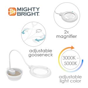 The Original Mighty Bright LED Task Light and Magnifier Lamp, Clip-On or Free-Standing, Color-Adjustable (Warm Eye-Care Light to Bright White), 2X Magnifier w/ 5X Bifocal, Touch-Activated, Dimmable