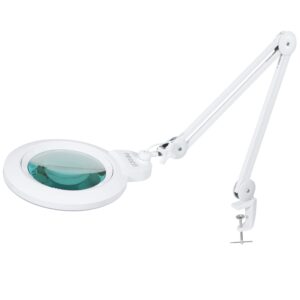 neatfi xl bifocal led magnifying lamp, 7-inch acrylic lens, 5d/20d magnification, hands-free, dimmable, 84 smd led, adjustable arm for crafts, reading, close work (with clamp, white)