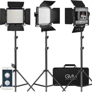 GVM 3 Pack LED Video Lighting Kits with APP Control, Bi-Color Variable 2300K~6800K with Digital Display Brightness of 10~100% for Video Photography, CRI97+ TLCI97 Led Video Light Panel +Barndoor