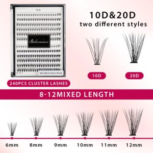 Bodermincer 240pcs C Curl 10D/20D Cluster Eyelashes 8/9/10/11/12mm and Under Eyelashes Mixed Professional Makeup Individual Cluster Eye Lashes (8/9/10/11/12mm and Under Eyelashes)