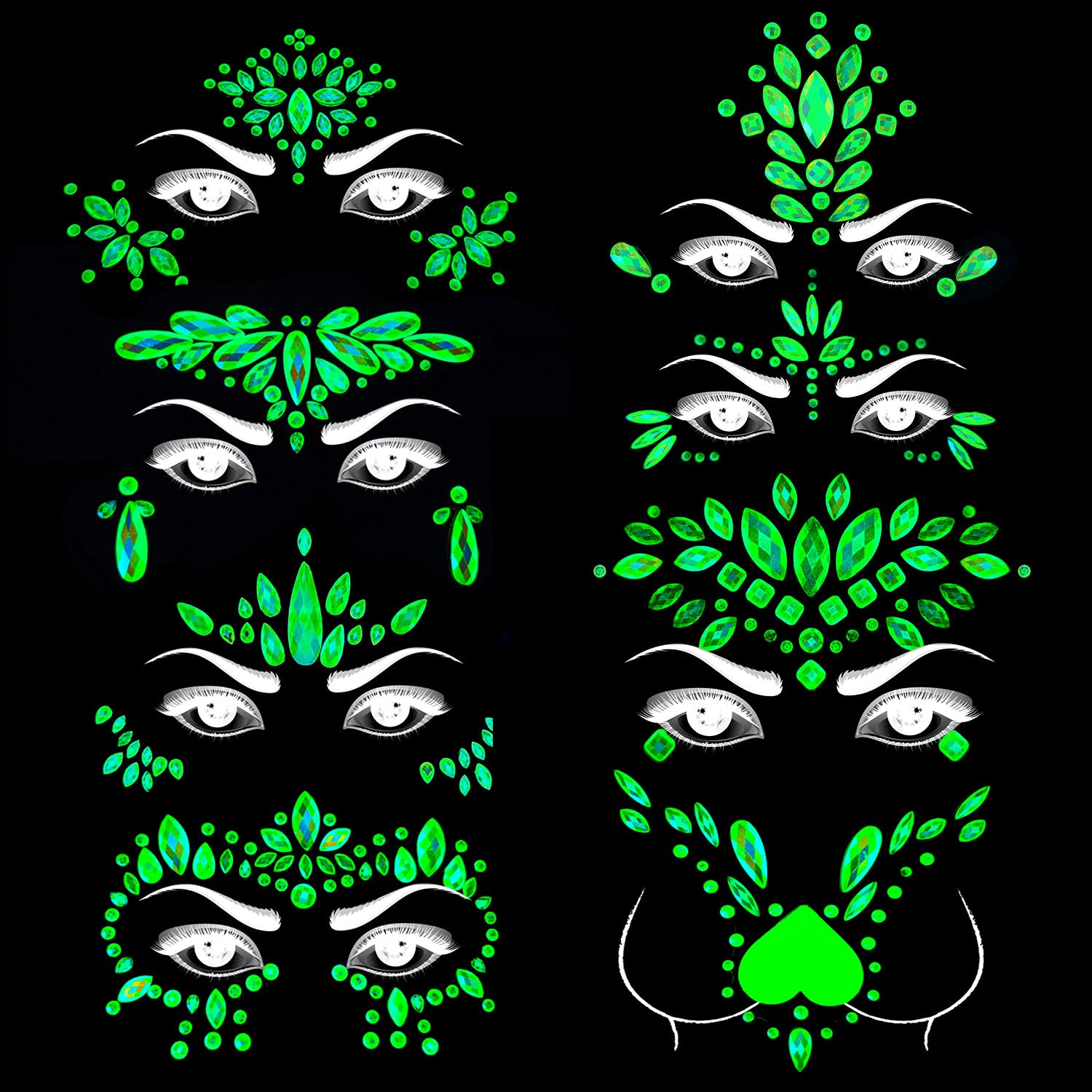 Meredmore 8Sets Glow in the Dark Face Gems Jewels Rave Noctilucent blacklight UV Body Stickers Luminous tattoos mermaid accessories pasties makeup for Women Halloween Festival