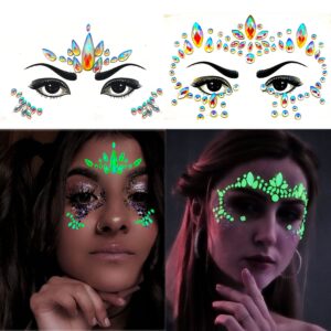 Meredmore 8Sets Glow in the Dark Face Gems Jewels Rave Noctilucent blacklight UV Body Stickers Luminous tattoos mermaid accessories pasties makeup for Women Halloween Festival