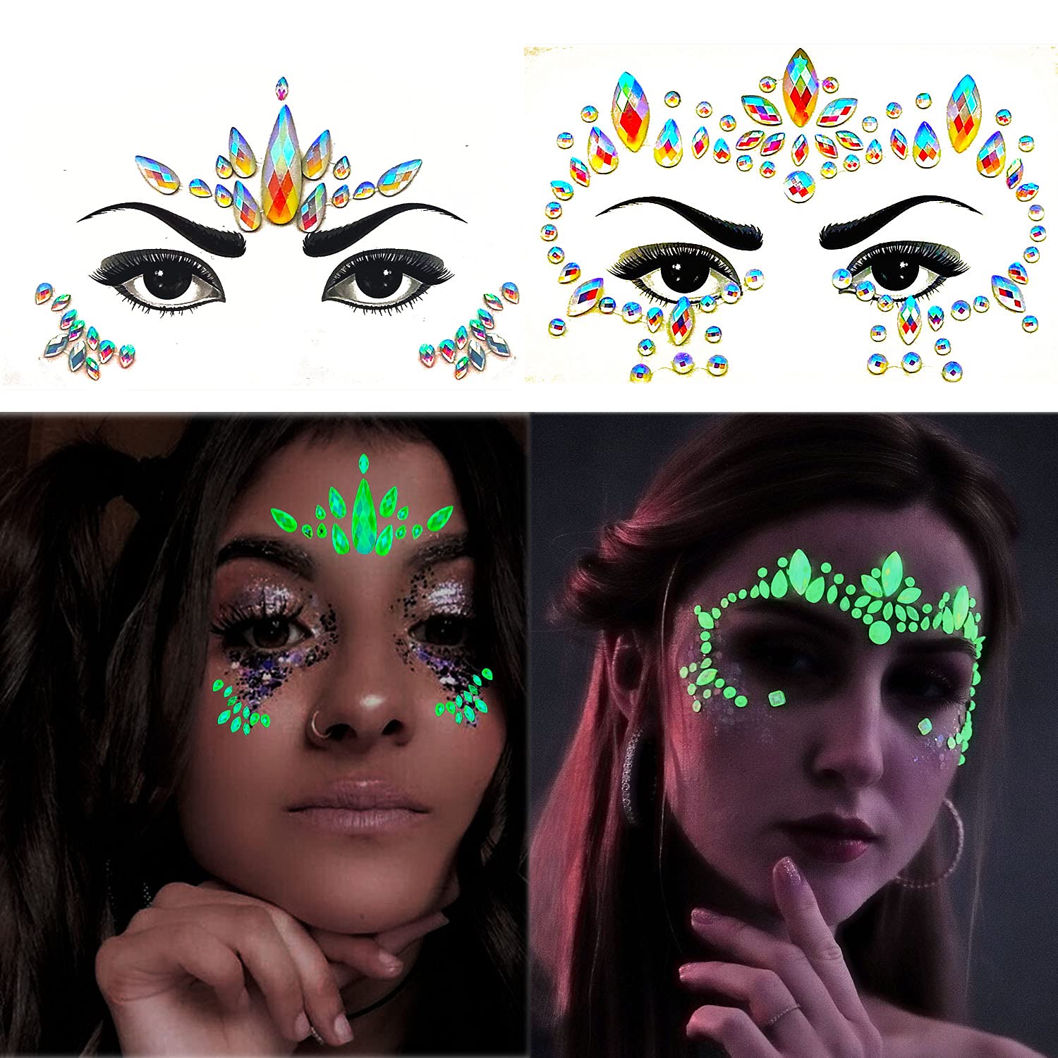 Meredmore 8Sets Glow in the Dark Face Gems Jewels Rave Noctilucent blacklight UV Body Stickers Luminous tattoos mermaid accessories pasties makeup for Women Halloween Festival