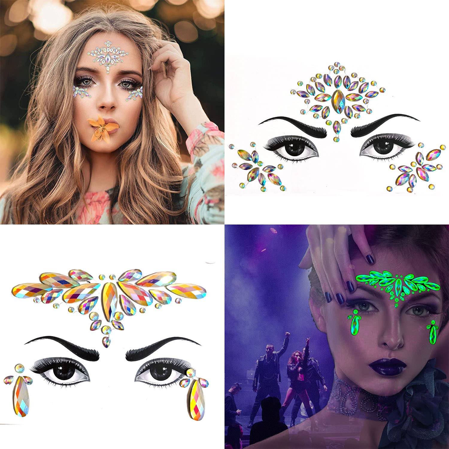 Meredmore 8Sets Glow in the Dark Face Gems Jewels Rave Noctilucent blacklight UV Body Stickers Luminous tattoos mermaid accessories pasties makeup for Women Halloween Festival