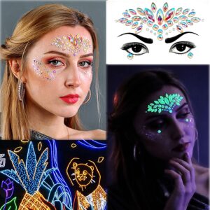 Meredmore 8Sets Glow in the Dark Face Gems Jewels Rave Noctilucent blacklight UV Body Stickers Luminous tattoos mermaid accessories pasties makeup for Women Halloween Festival