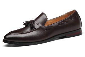 santimon mens fashion loafers leather casual tassel slip on driving flats dress shoes brown 10 d(m) us