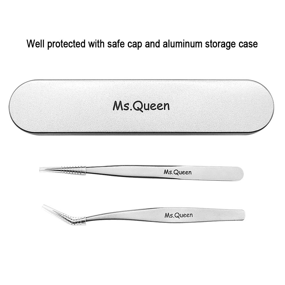 Eyelash Extension Tweezers - Professional 2 Pcs Straight and Curved Pointed Tweezers - Precision Crafted Tweezers for 3D-6D Volume False Eyelashes Extensions with Aluminum Storage Case- Ms.Queen